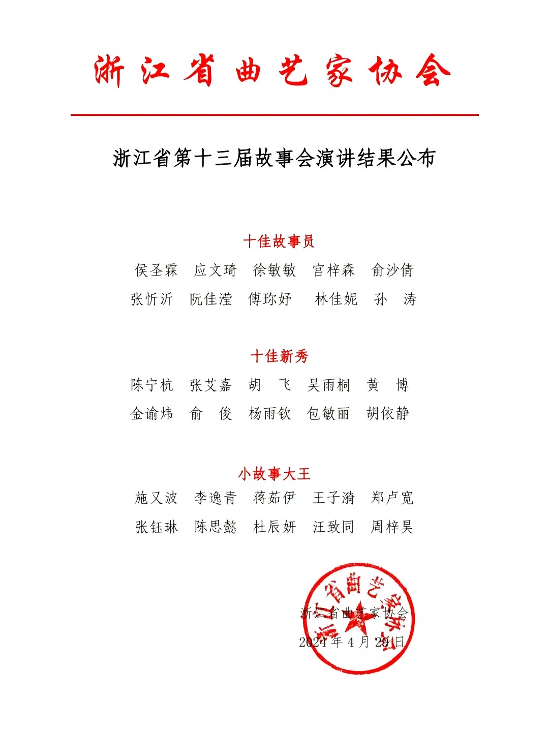 浙江省第十三屆故事會(huì)演講結(jié)果